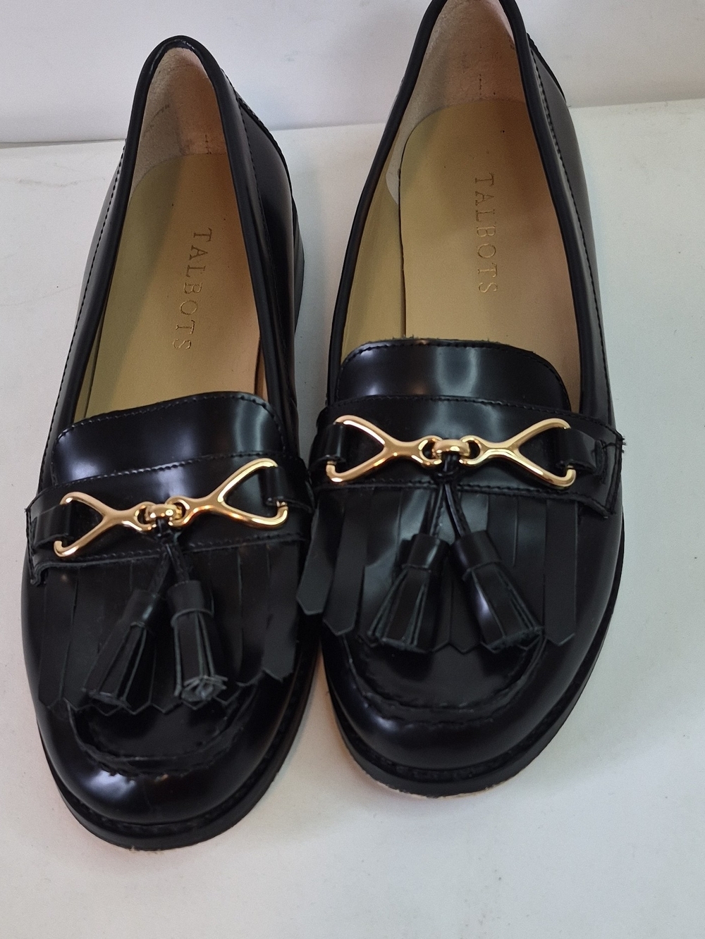 Talbots Black Leather Tassel Loafers with Gold Horsebit Size 7M